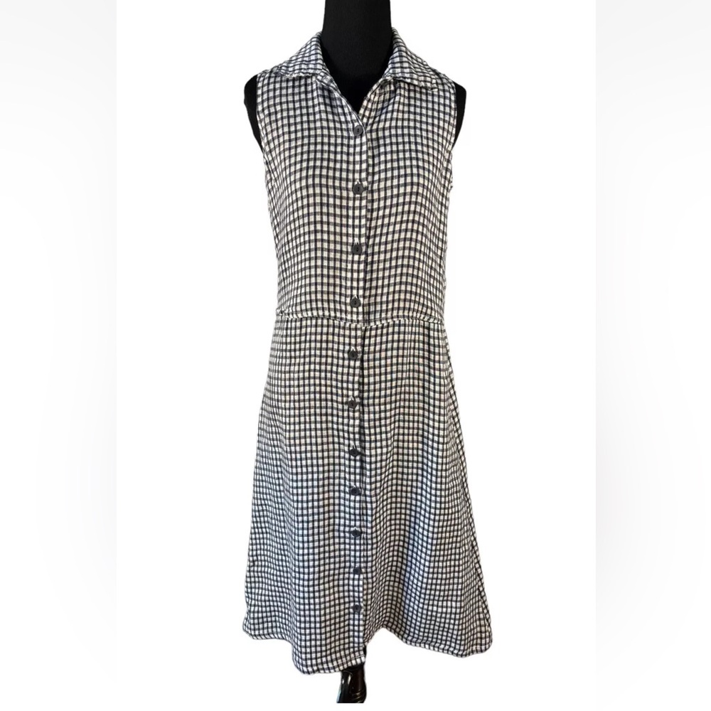 FLAX Linen Blue White Plaid Sleeveless Dress Size P 4 / 6 Collared Button Down